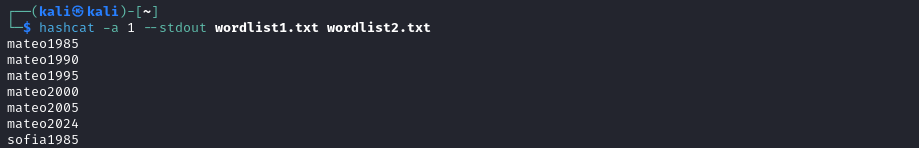 Ejemplo de combinaación de listas en Hashcat