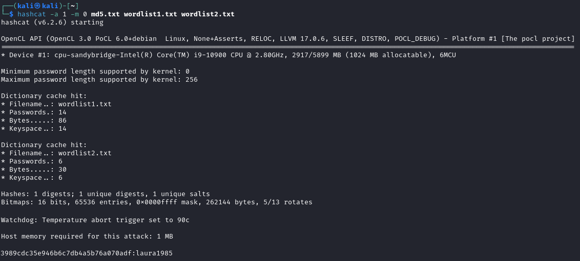Ejemplo de cracking con listas combinadas usando Hashcat